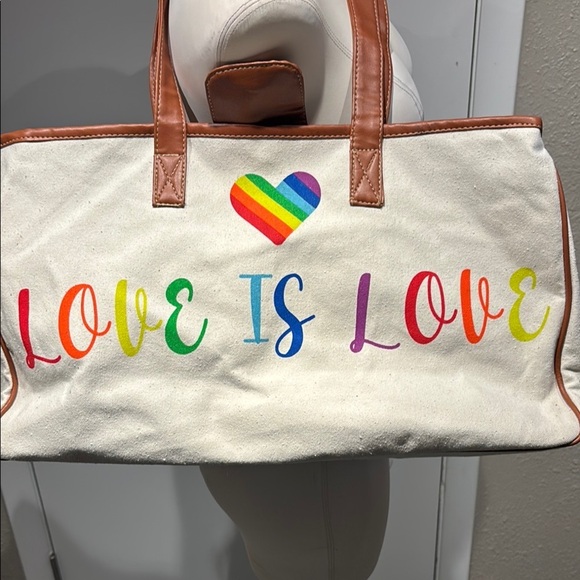 White and Brown Tote with Rainbow Message - Picture 2 of 14